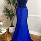 Royal Blue Beaded Cowl Neck Mermaid Long Prom Dress SH443