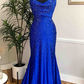 Royal Blue Beaded Cowl Neck Mermaid Long Prom Dress SH443
