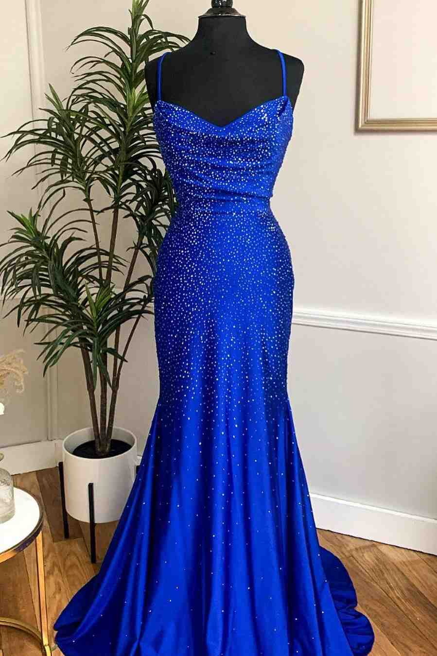 Royal Blue Beaded Cowl Neck Mermaid Long Prom Dress SH443