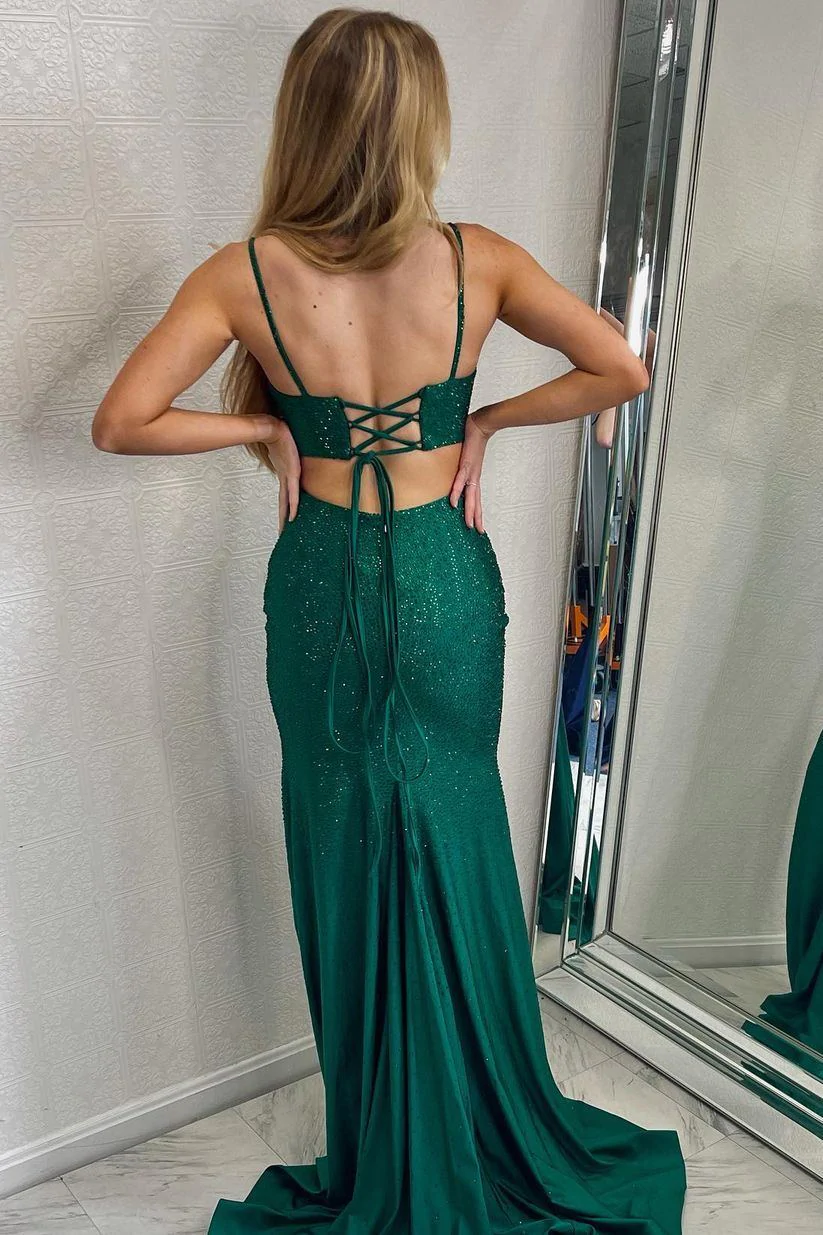 Green Mermaid Sparkle Long Formal Dress Prom Dress Lace Up Back SH447