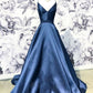 A-Line Blue Spaghetti Straps Satin Prom Dresses,V-Neck Blue Sexy Evening Party Dress SH450