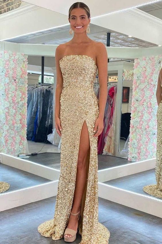 Gold Sequin Strapless Backless Mermaid Prom Dress SH452