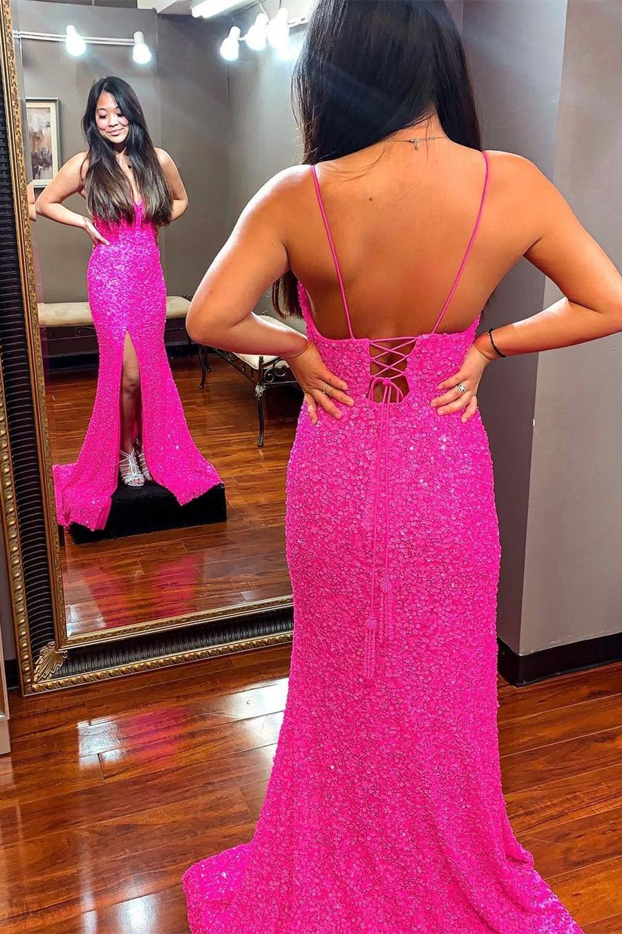Straps Hot Pink Sequins Mermaid Long Prom Dress SH453