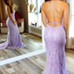Trumpet Lace Backless Lilac Long Prom Dresses SH454
