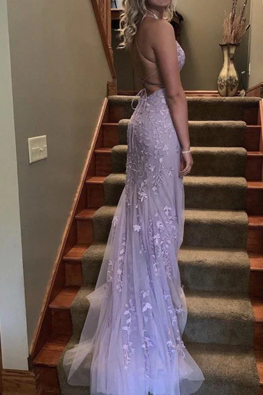 Trumpet Lace Backless Lilac Long Prom Dresses SH454