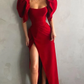 Elegant Red Square Neck Puff Sleeve High Split Evening Dress Prom Dress SH471