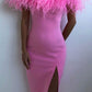 feather patchwork off shoulder elegant high split prom dress SH473