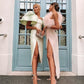 elegant high split feather prom dress SH474