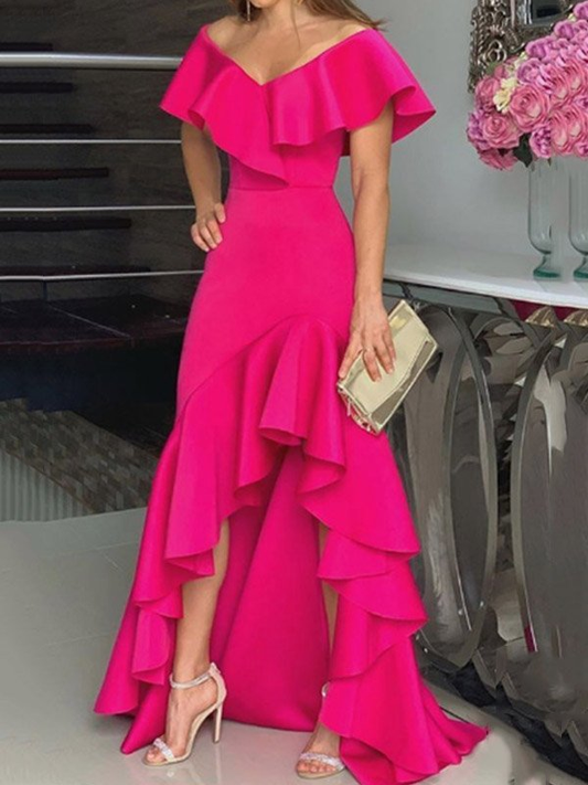 Deep V-Neck Ruffle Hem Slit Hot Pink Prom Dress SH478