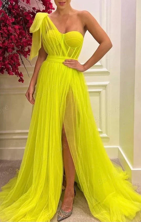 Sweetheart Long Pleated Tulle Evening Dresses One Shoulder Split Prom Dress SH489