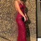 Burgundy Sequin V-Neck Spaghetti Straps Backless Prom Evening Dress SH506