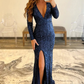 Mermaid Glitter Navy Sequins Mesh Evening Dress Backless Prom Dress SH520