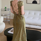Satin Backless Long Dress Short Sleeve Lace Vintage Bodycon Dress Prom Dress SH521