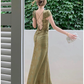 Satin Backless Long Dress Short Sleeve Lace Vintage Bodycon Dress Prom Dress SH521