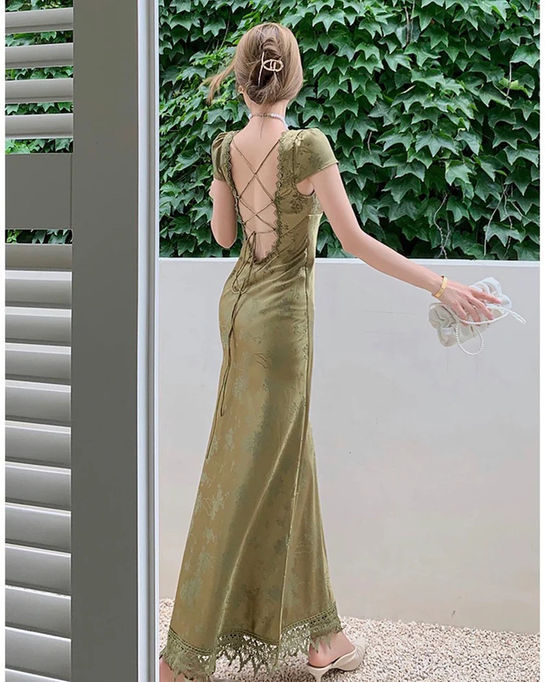 Satin Backless Long Dress Short Sleeve Lace Vintage Bodycon Dress Prom Dress SH521