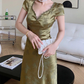 Satin Backless Long Dress Short Sleeve Lace Vintage Bodycon Dress Prom Dress SH521