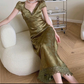 Satin Backless Long Dress Short Sleeve Lace Vintage Bodycon Dress Prom Dress SH521