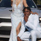 Shiny Mermaid Sequins White V Neck Long Prom Dress, Formal Evening Dresses SH551