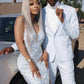 Shiny Mermaid Sequins White V Neck Long Prom Dress, Formal Evening Dresses SH551