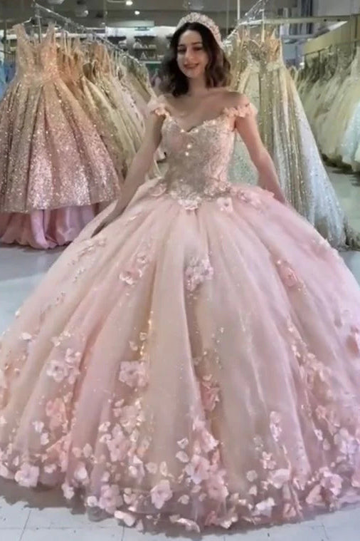 Ball Gown Pink 3D Flowers Off The Shoulder Quinceanera Dresses, Sweet 16 Dresses SH552