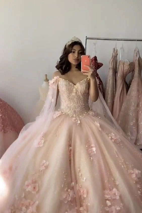 Ball Gown Pink 3D Flowers Off The Shoulder Quinceanera Dresses, Sweet 16 Dresses SH552