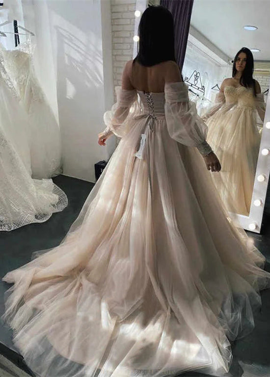 Strapless Long Tulle Bridesmaid Dress with Sweetheart Champagne