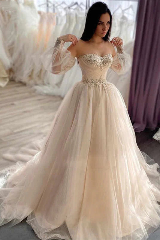 Champagne Sweetheart Strapless Tulle Wedding Dresses, Lace Up Prom Dress Evening Dresses SH553