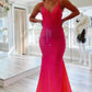 Elegant Hot Pink Mermaid V Neck Long Prom Dress, Backless Sleeveless Formal Dresses SH555
