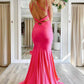 Elegant Hot Pink Mermaid V Neck Long Prom Dress, Backless Sleeveless Formal Dresses SH555