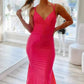 Elegant Hot Pink Mermaid V Neck Long Prom Dress, Backless Sleeveless Formal Dresses SH555