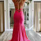 Elegant Hot Pink Mermaid V Neck Long Prom Dress, Backless Sleeveless Formal Dresses SH555