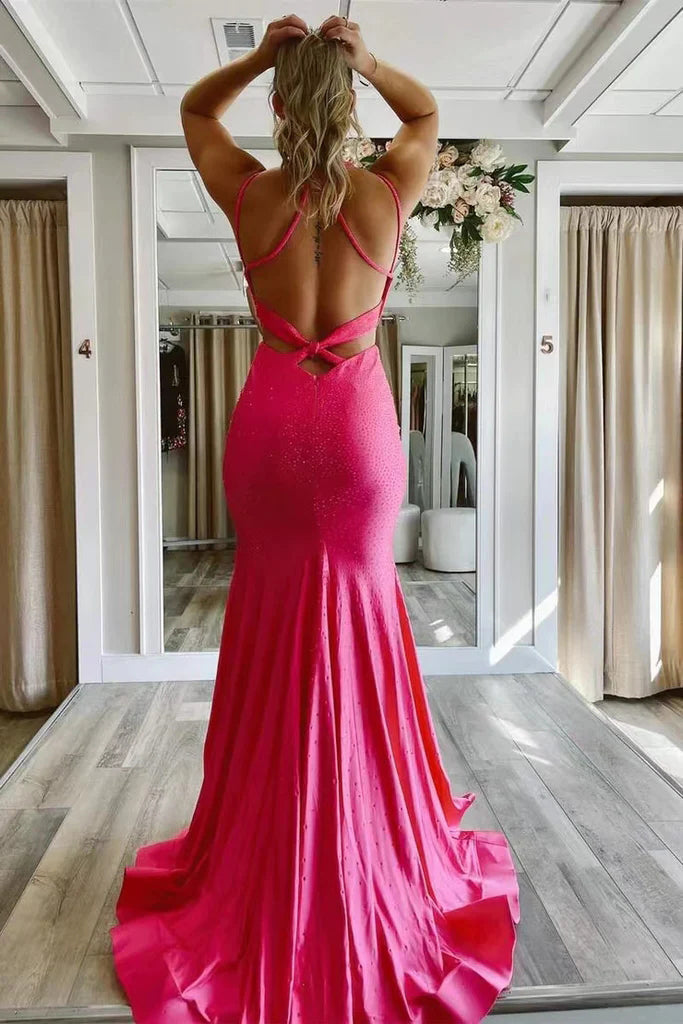 Elegant Hot Pink Mermaid V Neck Long Prom Dress, Backless Sleeveless Formal Dresses SH555