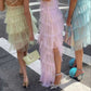 Stylish Pink Tulle Halter Layers Sleeveless Prom Dresses With Slit, Girl Dresses SH564