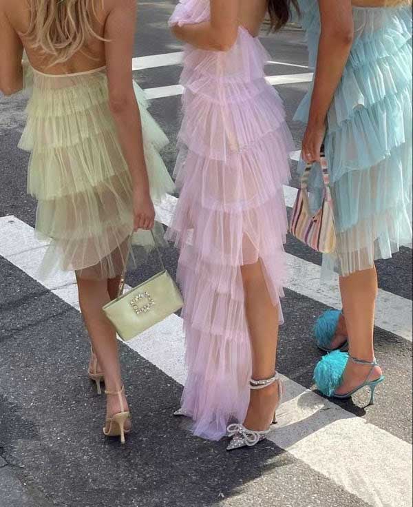 Stylish Pink Tulle Halter Layers Sleeveless Prom Dresses With Slit, Girl Dresses SH564