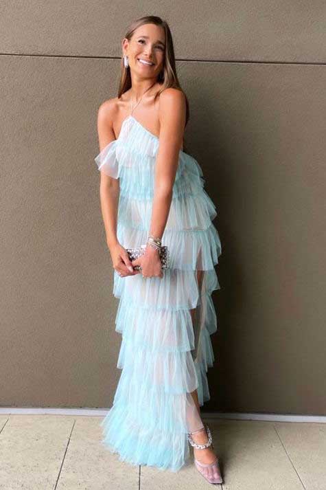 Elegant Halter Tulle Blue Prom Dress With Layers, Long Formal Evening Dresses SH559