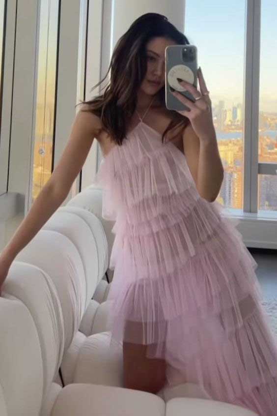 New Style Halter Layered Tulle Pink Prom Dresses SH560