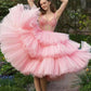 Ball Gown Sweetheart Beaded Crystal Tiered Pink Short Prom Dresses, Homecoming Dress SH562