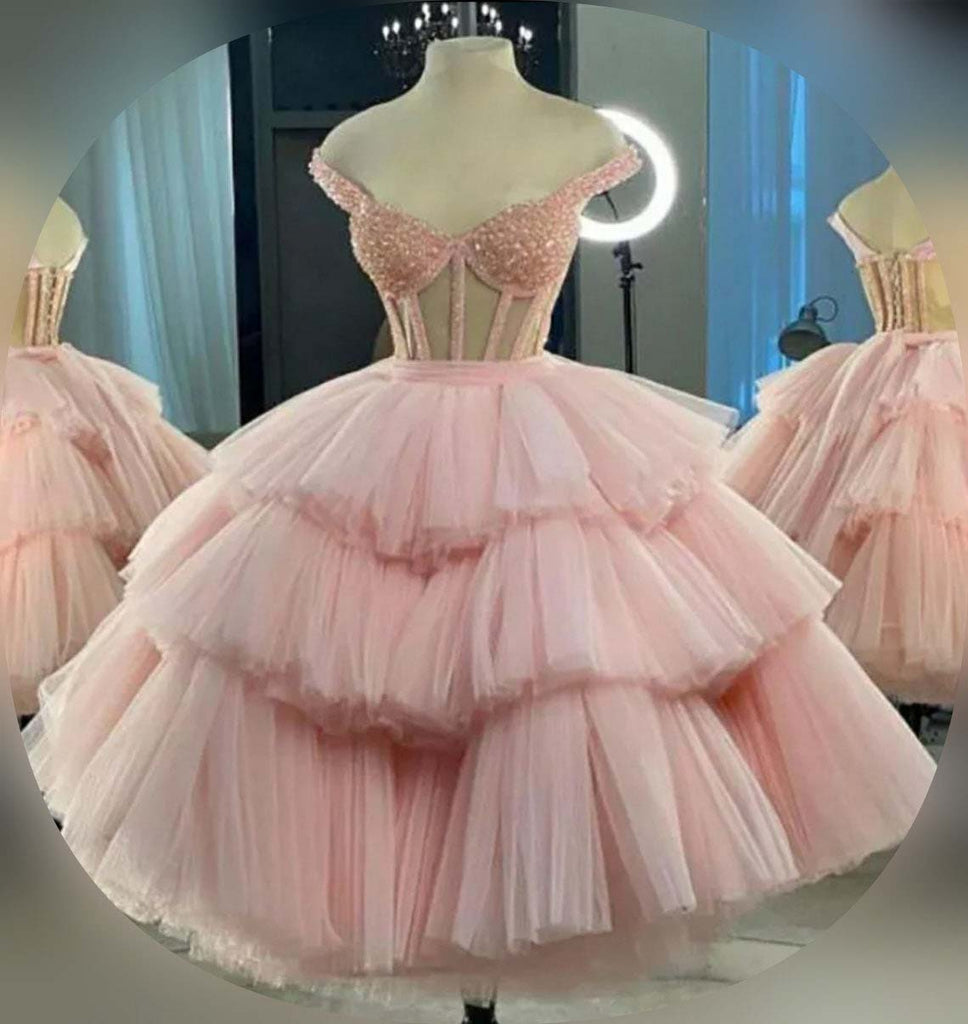 Ball Gown Sweetheart Beaded Crystal Tiered Pink Short Prom Dresses, Homecoming Dress SH562