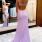 Lilac Mermaid Sequined V Neck Open Back Prom Dresses With Slit SH563