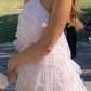 Stylish Pink Tulle Halter Layers Sleeveless Prom Dresses With Slit, Girl Dresses SH564
