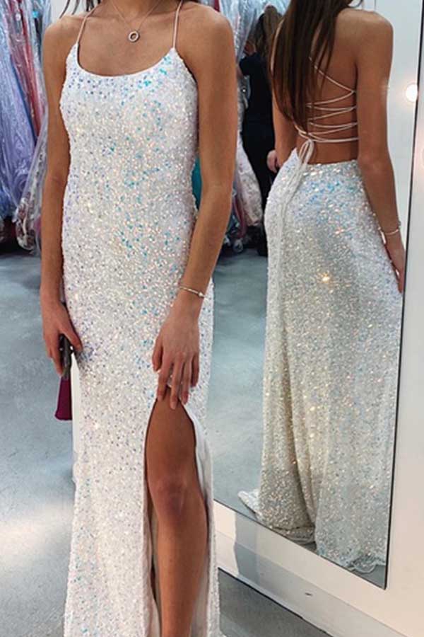 Sparkly Mermaid Sequin Ivory Prom Dresses, Long Formal Evening Dresses SH566