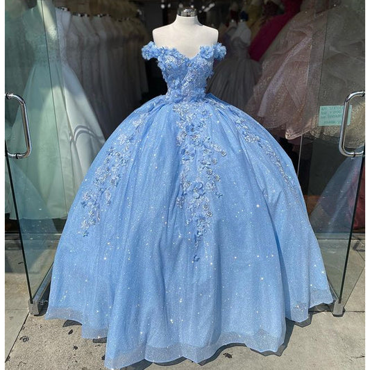Light Sky Blue Quinceanera Dresses Ball Gown Off Shoulder 3D Rose Flowers Puffy Sweet 16 Dress Celebrity Party Gowns Graduation SA1614