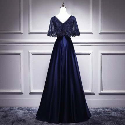 A line Satin Long Navy Blue Lace Prom Dresses SH193
