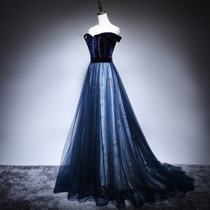 A Line Tulle Prom Dresses Navy Blue Evening Dress SH070