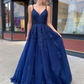 Dark Blue V Neck Tulle Applique Long Prom Dresses  SH566