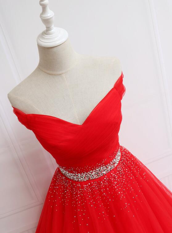 Beautiful Red Tulle Off Shoulder Long Formal Gown Red Sweet 16 Dresses KS6650