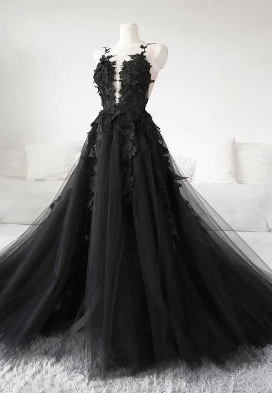 Classic Black Lace Tulle Long Prom Dress Black Evening Dress  SH567