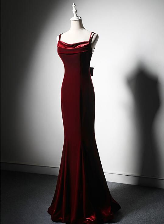 Elegant Burgundy Spaghetti Straps Velvet Mermaid Prom Dress Evening Dress SH571