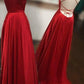 red long prom dress with spaghetti straps, lace up back and side slit  cg7494