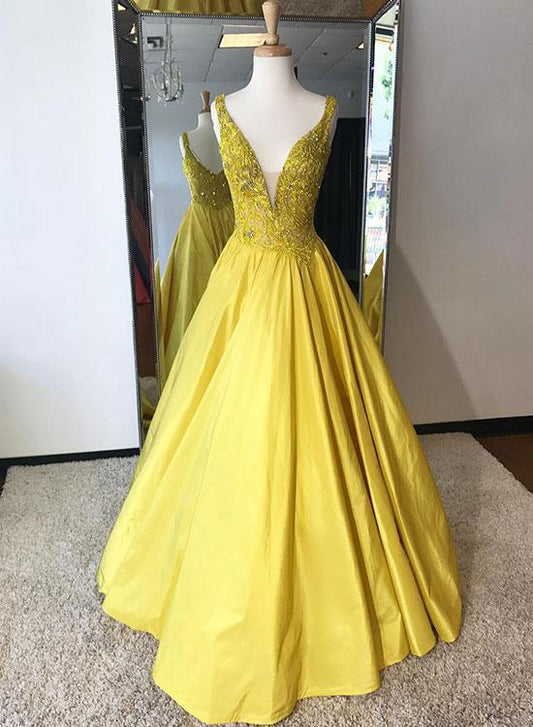 Yellow v neck long prom dress, yellow evening dress KS3218